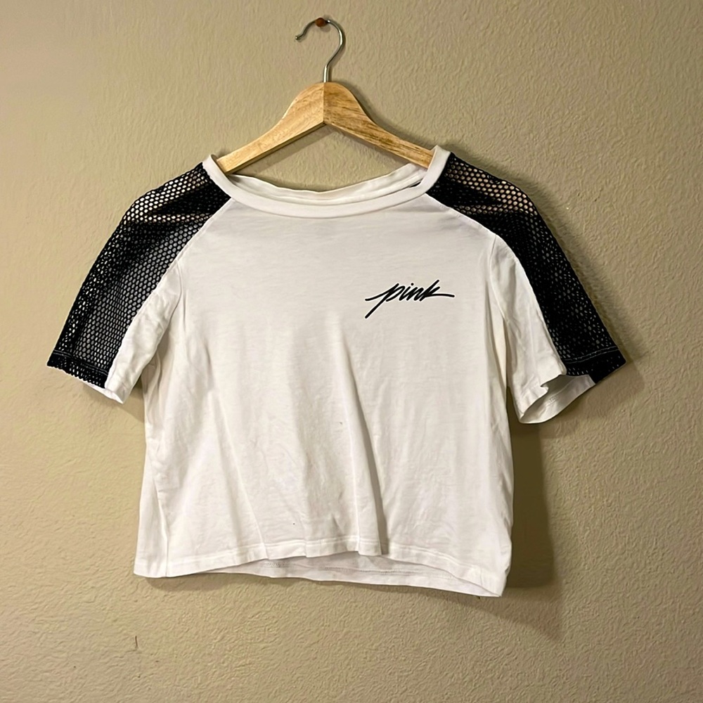 White Tee with mesh sleeves and PINK logo on front